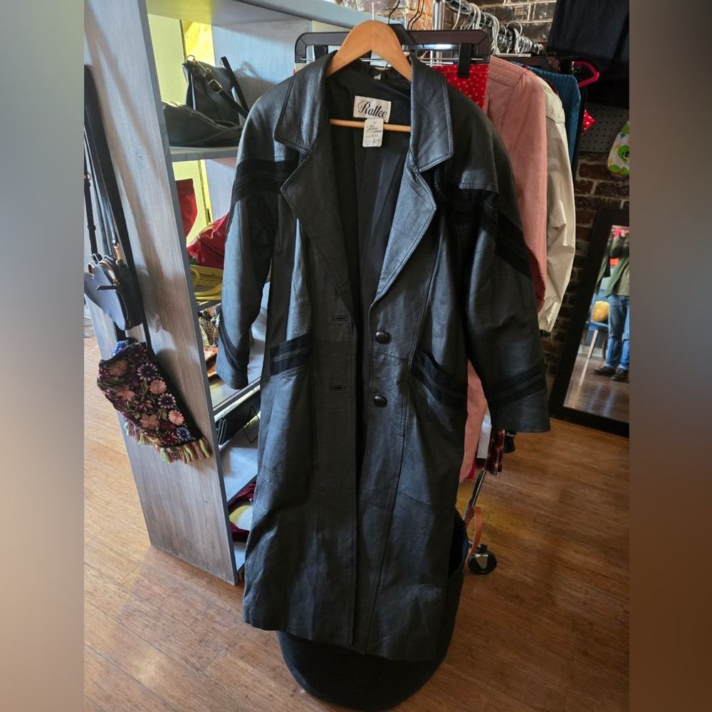 Vintage leather Duster, trench coat, small, black